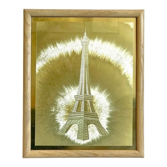 Vintage Art Golden Print Eiffel Tower Glass Wooden Frame Wall Decor Souvenir - Picture 2 of 3